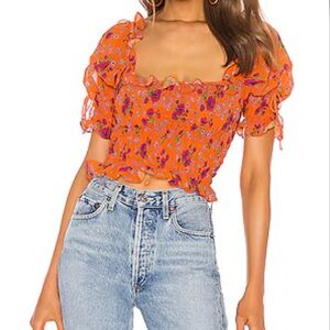 For Love And Lemons Peony Smocked Top in Tangerine